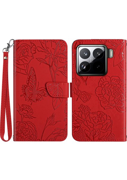 Xiaomi 15 Pro Kılıf Askılı Deri Telefon Kılıfı, Çiçek Baskı-Kırmızı (Yurt Dışından)