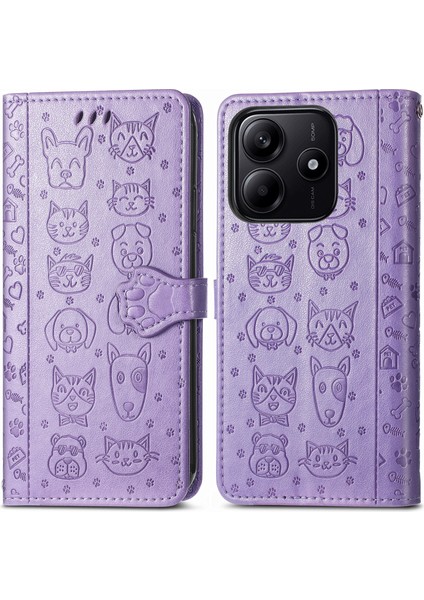 Xiaomi Redmi Note 14 5g Kılıf Deri Cüzdan Çevirme Telefon Kapağı Sevimli Kedi Köpek Desen-Açık Mor (Yurt Dışından)