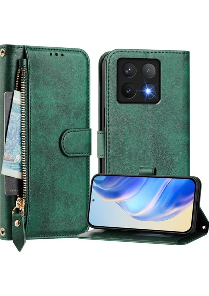 Xiaomi 14T Kılıf Fermuarlı Cep Çoklu Kart Yuvaları Deri Telefon Kapağı-Yeşil (Yurt Dışından) indirimleri