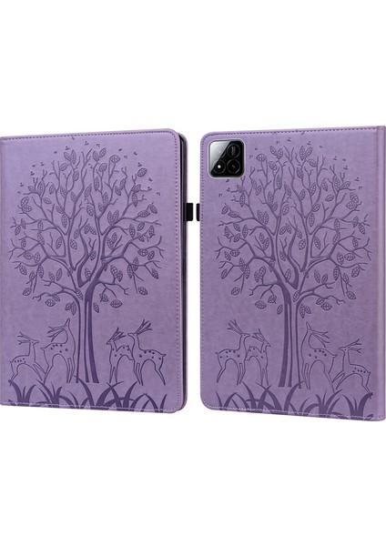 Xiaomi Pad 7 Pro / Pad 7 Kılıf Pu Deri Ağaç Geyik Desenli Tablet Kapağı-Mor (Yurt Dışından)
