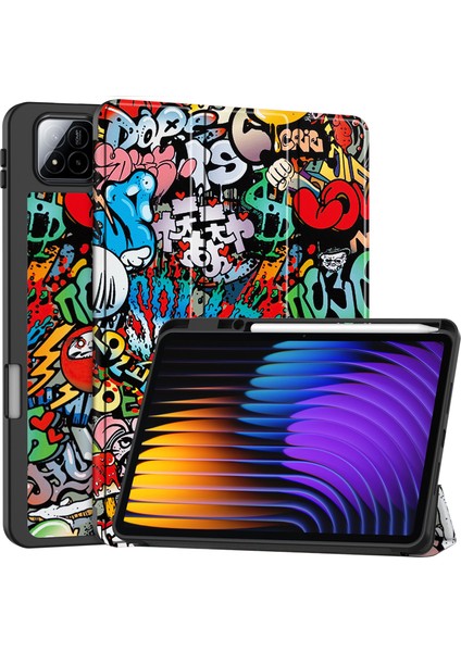 Xiaomi Pad 7 Pro / Pad 7 Desen Baskı Üç Katlı Deri + Kalem Tutucu-Graffiti ile Tpu Kapak Için (Yurt Dışından)