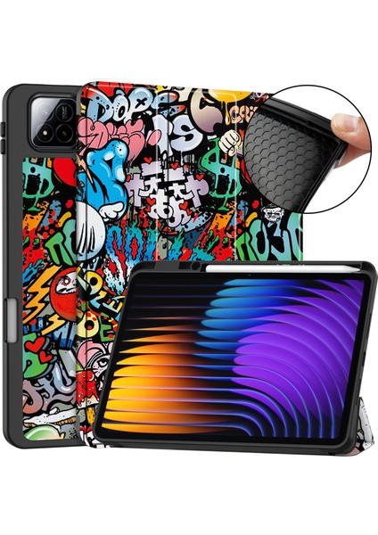 Xiaomi Pad 7 Pro / Pad 7 Desen Baskı Üç Katlı Deri + Kalem Tutucu-Graffiti ile Tpu Kapak Için (Yurt Dışından)