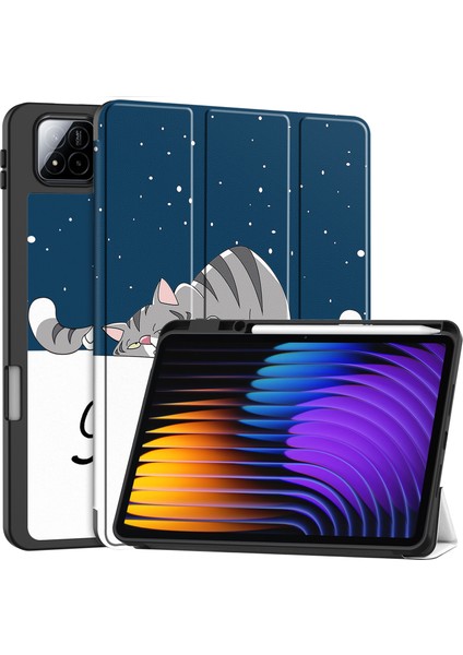 Xiaomi Pad 7 Pro / Pad 7 Desen Baskı Üç Katlı Deri + Kalem Tutucu-Kedi ile Tpu Kapak Için (Yurt Dışından)