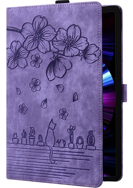 Xiaomi Pad 7 Kılıf Flip Deri Telefon Kapağı Için Kiraz Çiçeği Kedi Baskılı-Mor (Yurt Dışından)