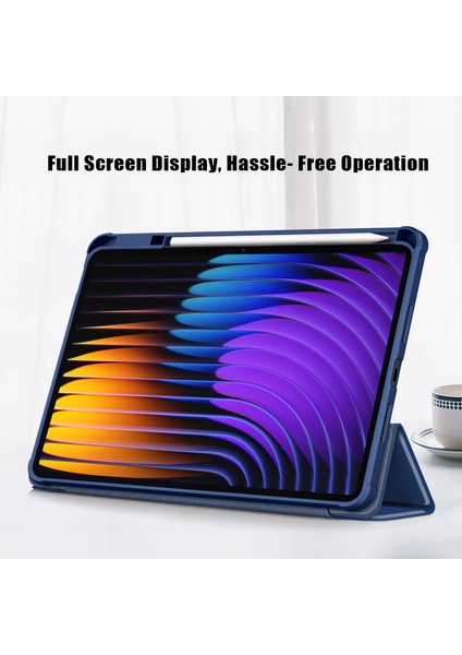 Xiaomi Pad 7 Pro/pad 7 Kılıf Üç Katlı Pu Deri+Tpu+Şeffaf Pc Arka Kapak-Koyu Mavi (Yurt Dışından)