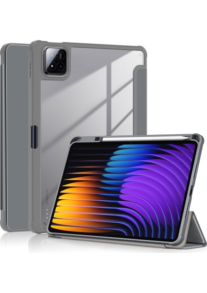 Xiaomi Pad 7 Pro/pad 7 Kılıf Üç Katlı Pu Deri+Tpu+Şeffaf Pc Arka Kapak-Gri (Yurt Dışından)