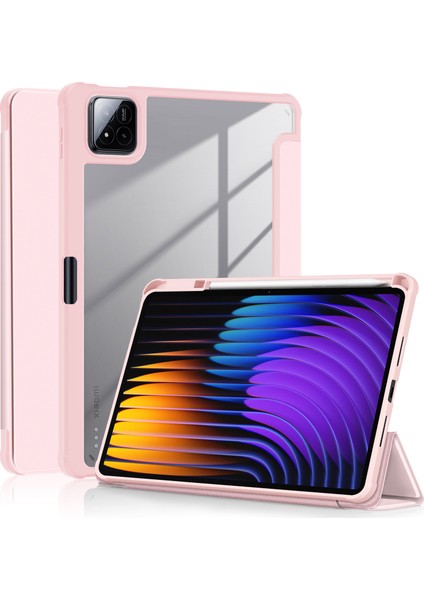 Xiaomi Pad 7 Pro/pad 7 Kılıf Üç Katlı Pu Deri+Tpu+Şeffaf Pc Arka Kapak-Pembe (Yurt Dışından)