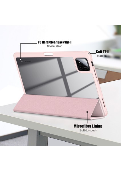 Xiaomi Pad 7 Pro/pad 7 Kılıf Üç Katlı Pu Deri+Tpu+Şeffaf Pc Arka Kapak-Pembe (Yurt Dışından)