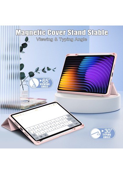 Xiaomi Pad 7 Pro/pad 7 Kılıf Üç Katlı Pu Deri+Tpu+Şeffaf Pc Arka Kapak-Pembe (Yurt Dışından)