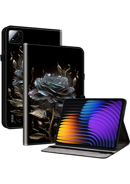 Xiaomi Pad 7 Pro / Pad 7 Desenli Baskılı Kart Yuvalı Tablet Kılıfı-Siyah Gül (Yurt Dışından)