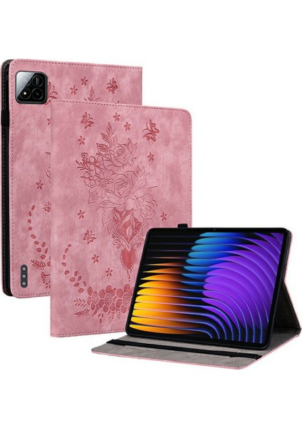 Xiaomi Pad 7 Pro / Pad 7 Kılıf Kart Tutucu Çizilmez Deri Kapak Gül Çiçek Baskı-Pembe (Yurt Dışından)