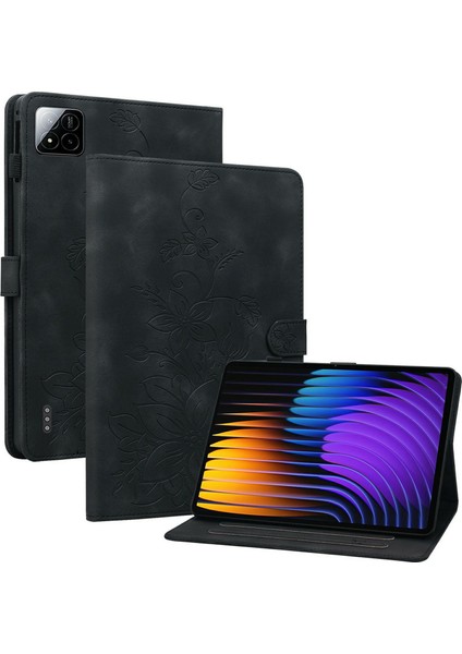 Xiaomi Pad 7 Pro / Pad 7 Kılıf Zambak Çiçeği Künye Kart Yuvaları Deri Tablet Kapağı-Siyah (Yurt Dışından)