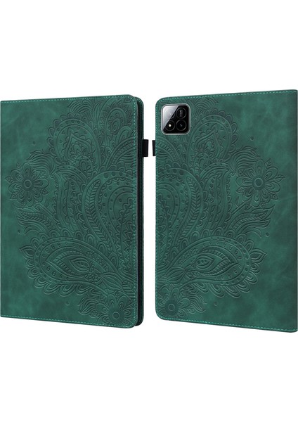 Xiaomi Pad 7 Pro / Pad 7 Kılıf Tavuskuşu Çiçek Desenli Kart Sahibinin Deri Tablet Kapağı-Yeşil (Yurt Dışından)
