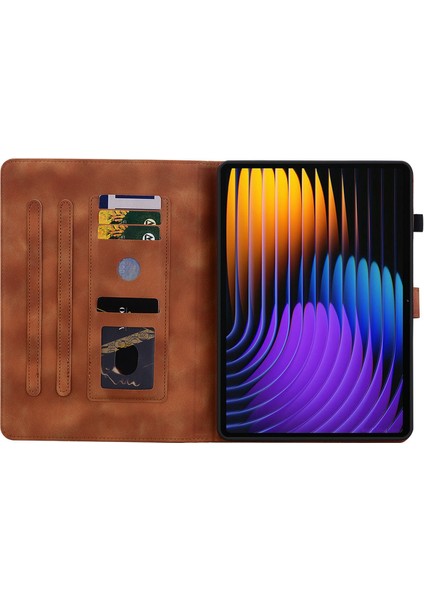 Xiaomi Pad 7 Pro / Pad 7 Kılıf Zambak Çiçeği Künye Kart Yuvaları Deri Tablet Kapağı-Kahverengi (Yurt Dışından)