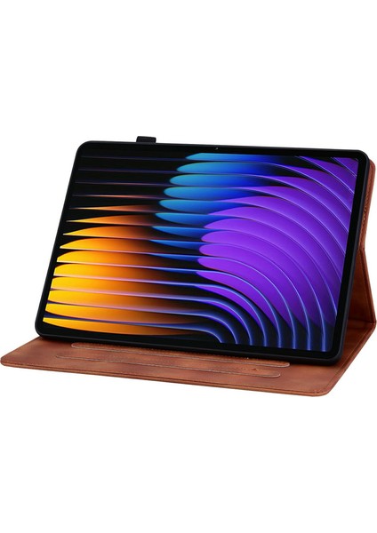 Xiaomi Pad 7 Pro / Pad 7 Kılıf Zambak Çiçeği Künye Kart Yuvaları Deri Tablet Kapağı-Kahverengi (Yurt Dışından)