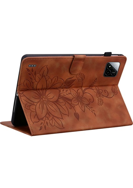 Xiaomi Pad 7 Pro / Pad 7 Kılıf Zambak Çiçeği Künye Kart Yuvaları Deri Tablet Kapağı-Kahverengi (Yurt Dışından)