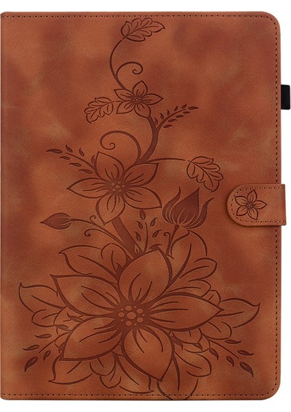 Xiaomi Pad 7 Pro / Pad 7 Kılıf Zambak Çiçeği Künye Kart Yuvaları Deri Tablet Kapağı-Kahverengi (Yurt Dışından)