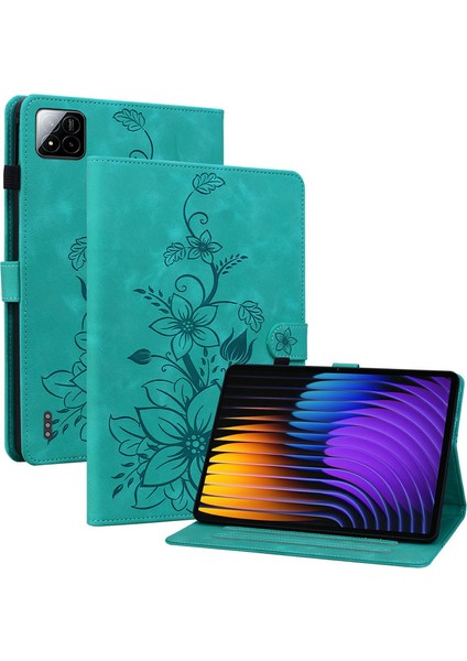 Xiaomi Pad 7 Pro / Pad 7 Kılıf Zambak Çiçeği Künye Kart Yuvaları Deri Tablet Kapağı-Yeşil (Yurt Dışından)