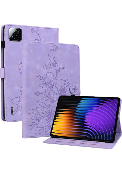 Xiaomi Pad 7 Pro / Pad 7 Kılıf Zambak Çiçeği Künye Kart Yuvaları Deri Tablet Kapağı-Mor Için (Yurt Dışından)