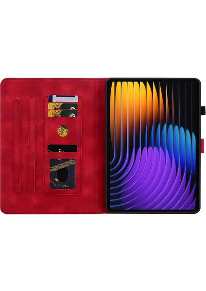 Xiaomi Pad 7 Pro / Pad 7 Kılıf Zambak Çiçeği Künye Kart Yuvaları Deri Tablet Kapağı-Kırmızı (Yurt Dışından)