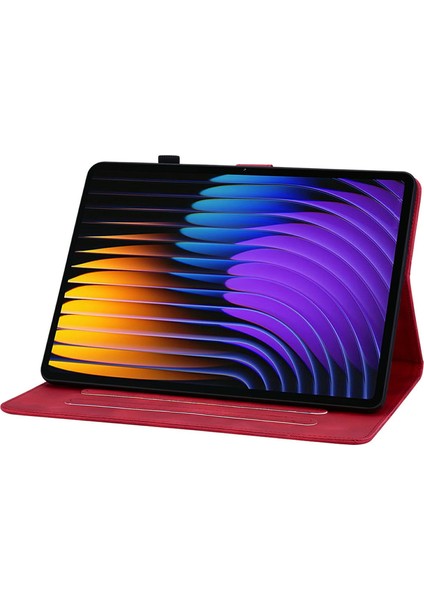 Xiaomi Pad 7 Pro / Pad 7 Kılıf Zambak Çiçeği Künye Kart Yuvaları Deri Tablet Kapağı-Kırmızı (Yurt Dışından)