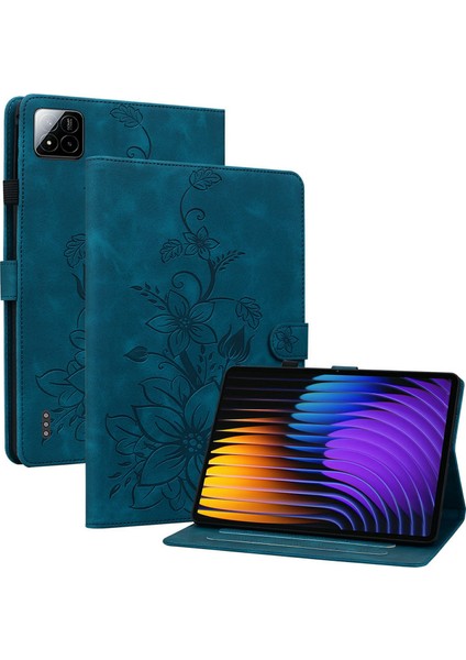 Xiaomi Pad 7 Pro / Pad 7 Kılıf Zambak Çiçeği Künye Kart Yuvaları Deri Tablet Kapak-Mavi Için (Yurt Dışından)