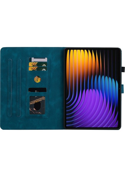 Xiaomi Pad 7 Pro / Pad 7 Kılıf Zambak Çiçeği Künye Kart Yuvaları Deri Tablet Kapak-Mavi Için (Yurt Dışından)