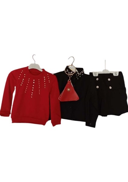Kız Çocuk Üzeri Taş ve Boncuk Işlemeli Kırmızı Kazak Gömlek Kombin Gümüş Düğme Pileli Etekli Takım fiyatları