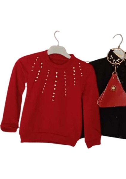 Kız Çocuk Üzeri Taş ve Boncuk Işlemeli Kırmızı Kazak Gömlek Kombin Gümüş Düğme Pileli Etekli Takım fırsatları