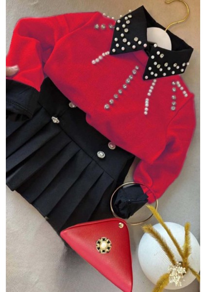 Kız Çocuk Üzeri Taş ve Boncuk Işlemeli Kırmızı Kazak Gömlek Kombin Gümüş Düğme Pileli Etekli Takım indirimleri