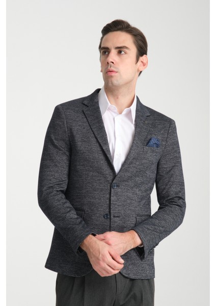 Aimame Erkek Koyu Lacivert Mono Yaka Örme Esnek Likralı Kumaş Blazer Ceket