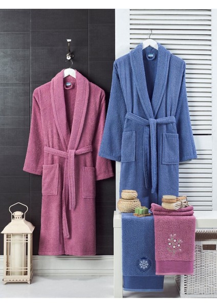 Mürdüm Lacivert Havlulu Bornoz Set 4'lü