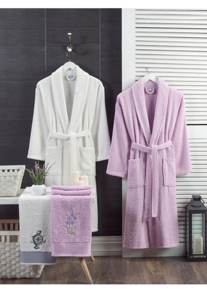 Krem Leylak Bornoz 4lü Set