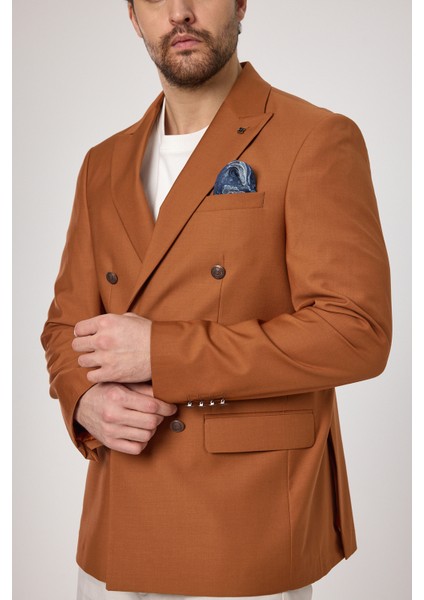 Fatuse Erkek Camel Kruvaze 6 Adet Metal Düğmeli 4 Mevsim Blazer Ceket