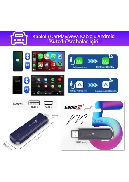 Mini 5 Pro Kablosuz Araç Adaptörü 2in1 Carplay & Android Auto Hızlı Bluetooth Wifi 2025 Yeni Model fiyatları