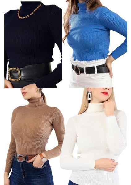 Nisum 4\'lü Paket Triko Balıkçı Yaka Kazak Camel,siyah,beyaz ve Mavi