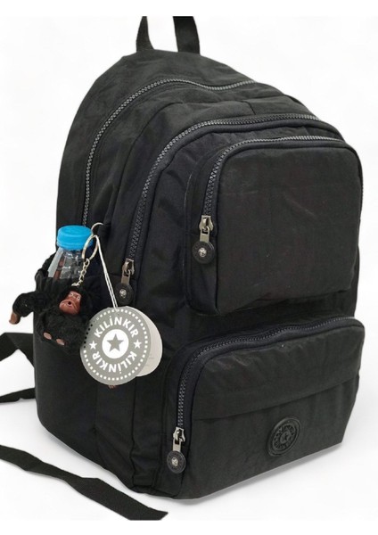 Kılinkır Çok Gözlü Geniş Hacimli Suya Dayanıklı Kumaş Unisex Siyah Okul Çantası Sırt Çantası