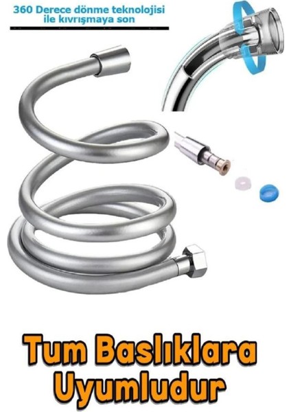 Duş Banyo Hortumu Kaliteli Pvc Paslanmaz Kopmaz Hortum Gümüş Gri Tüm Duş Setleri ile Uyumlu 1,5 Metre
