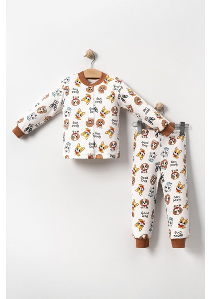 Köpek Baskılı Erkek Çocuk Pamuklu Pijama takımı - Kahverengi