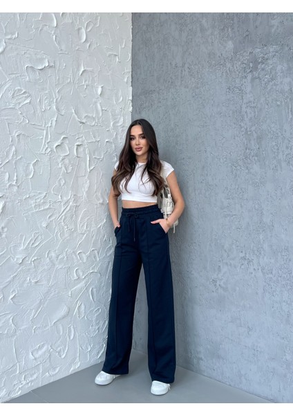Kadın Mevsimlik Salaş Geniş Paça Yüksek Bel Lacivert Eşofman Altı fiyatları