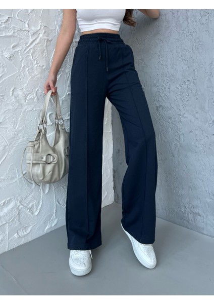 Kadın Mevsimlik Salaş Geniş Paça Yüksek Bel Lacivert Eşofman Altı fırsatları