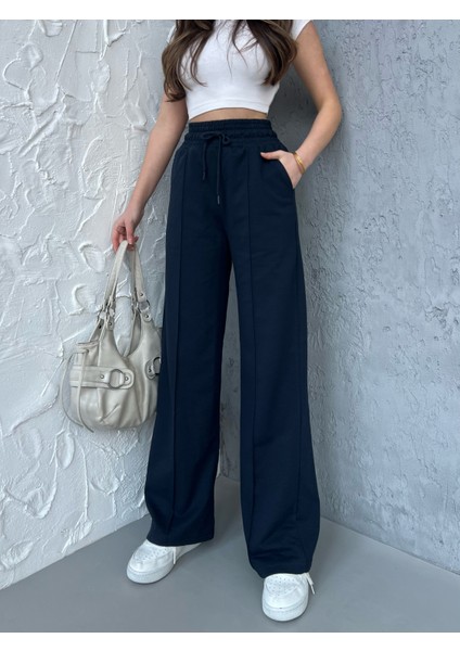 Kadın Mevsimlik Salaş Geniş Paça Yüksek Bel Lacivert Eşofman Altı indirimleri