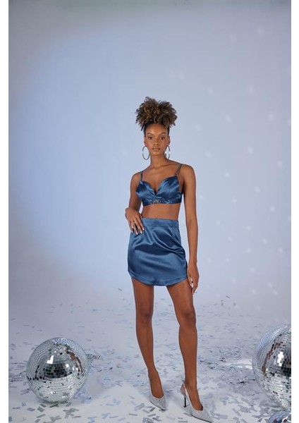 Askılı Crop Saten Fancy Büstiyer Lacivert indirimleri