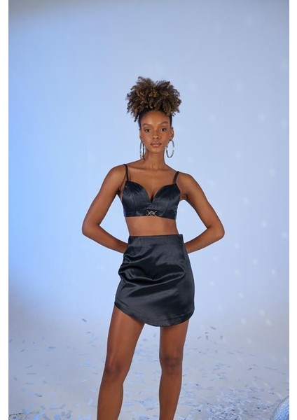 Askılı Crop Saten Fancy Büstiyer Siyah