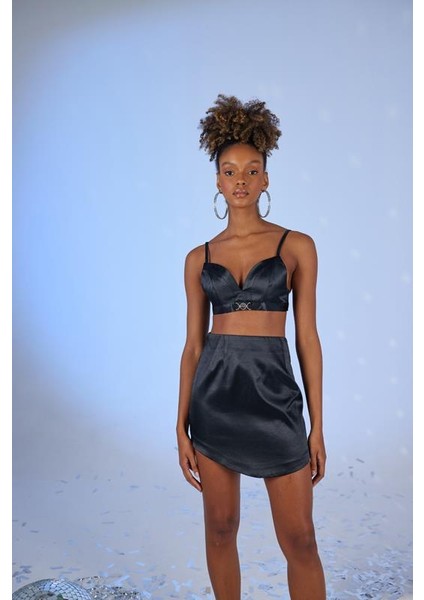 Askılı Crop Saten Fancy Büstiyer Siyah