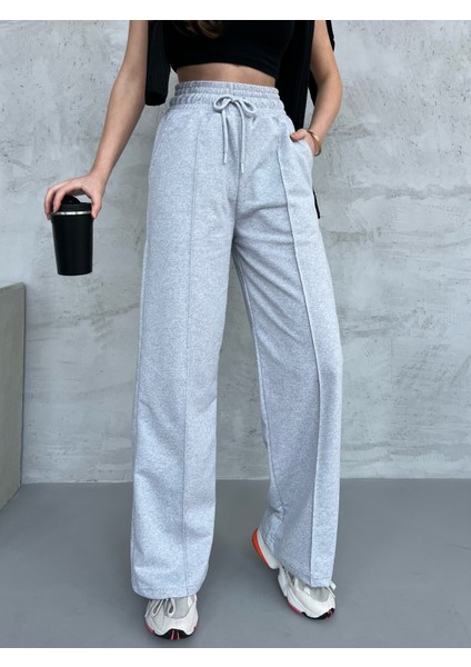 Kadın Mevsimlik Salaş Geniş Paça Yüksek Bel Gri Eşofman Altı