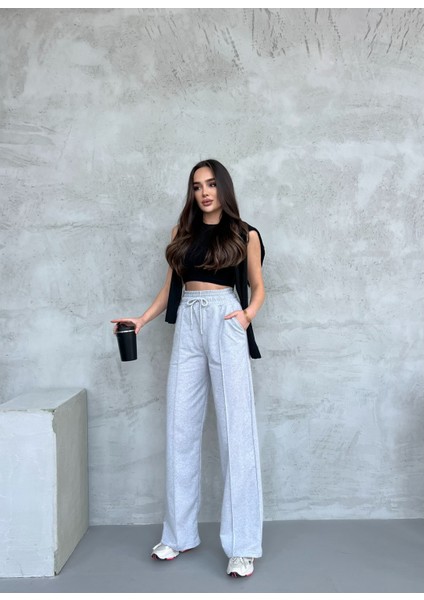 Kadın Mevsimlik Salaş Geniş Paça Yüksek Bel Gri Eşofman Altı indirimleri