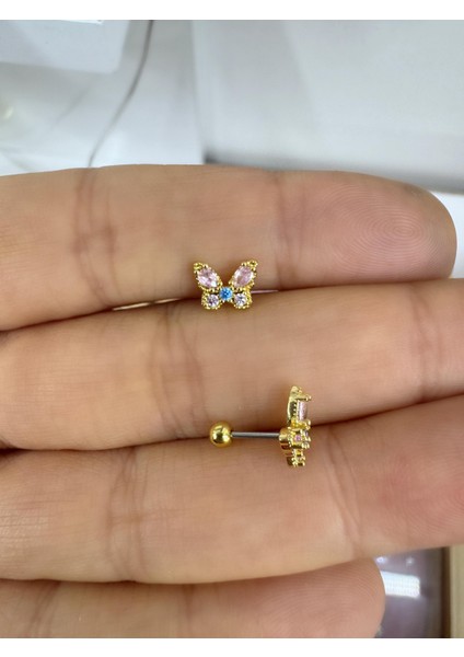 Pembe Mavi Zirkon Taşlı Kelebek Model Tragus Helix Lobe Uyumlu Piercing Küpe (1 Adet)