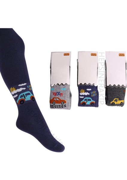 3lü Erkek Bebek Çocuk Külotlu Çorap Renkli Araba Uçak Desenli Pamuklu
