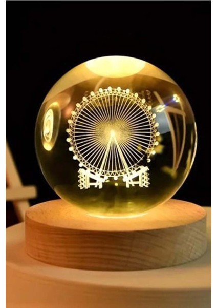 Işıklı Cam Küre Dönme Dolap Görselli Ahşap Altlıklı